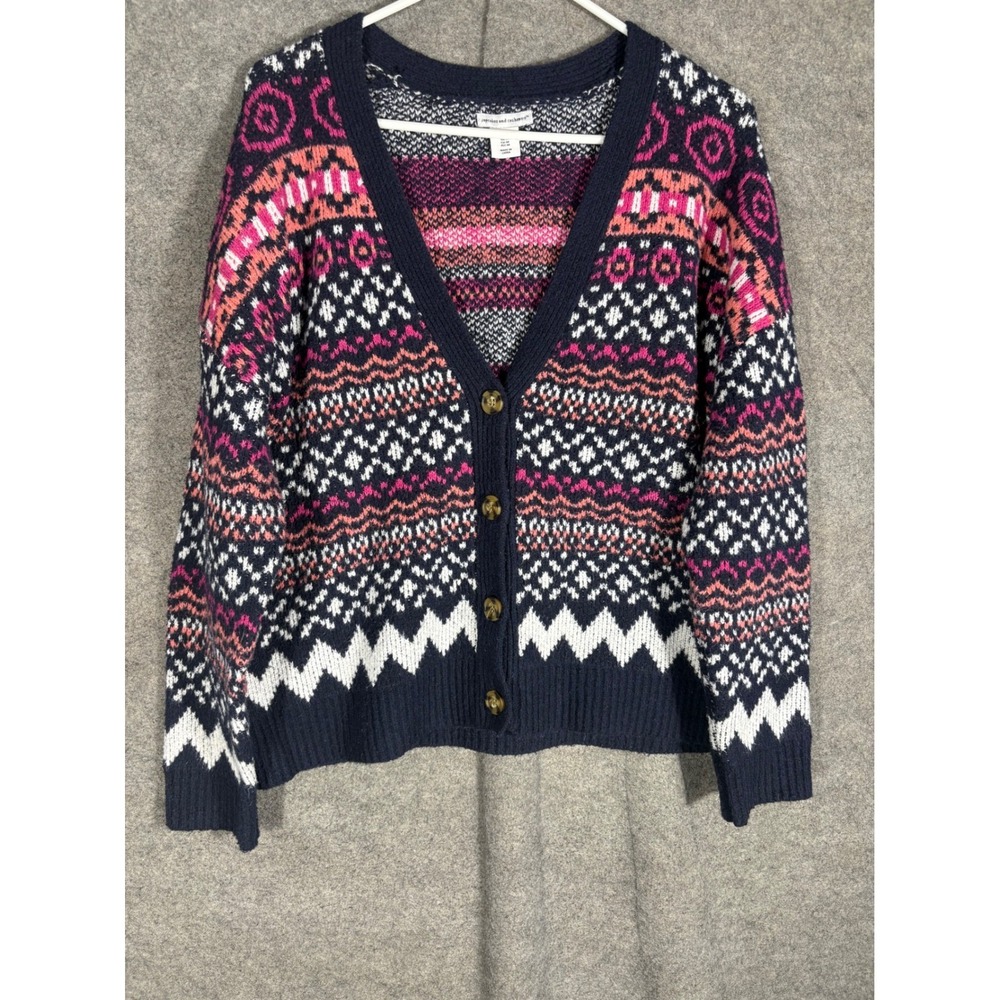 Cupcakes and Cashmere Womens Medium Fair Isle Button Front Cardigan Sweater Navy